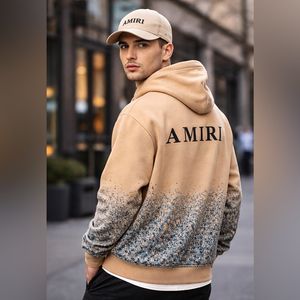 AMIRI Style Warm Hoodie Men’s Large Light Caramel, Paint Splatter Blue,Logo